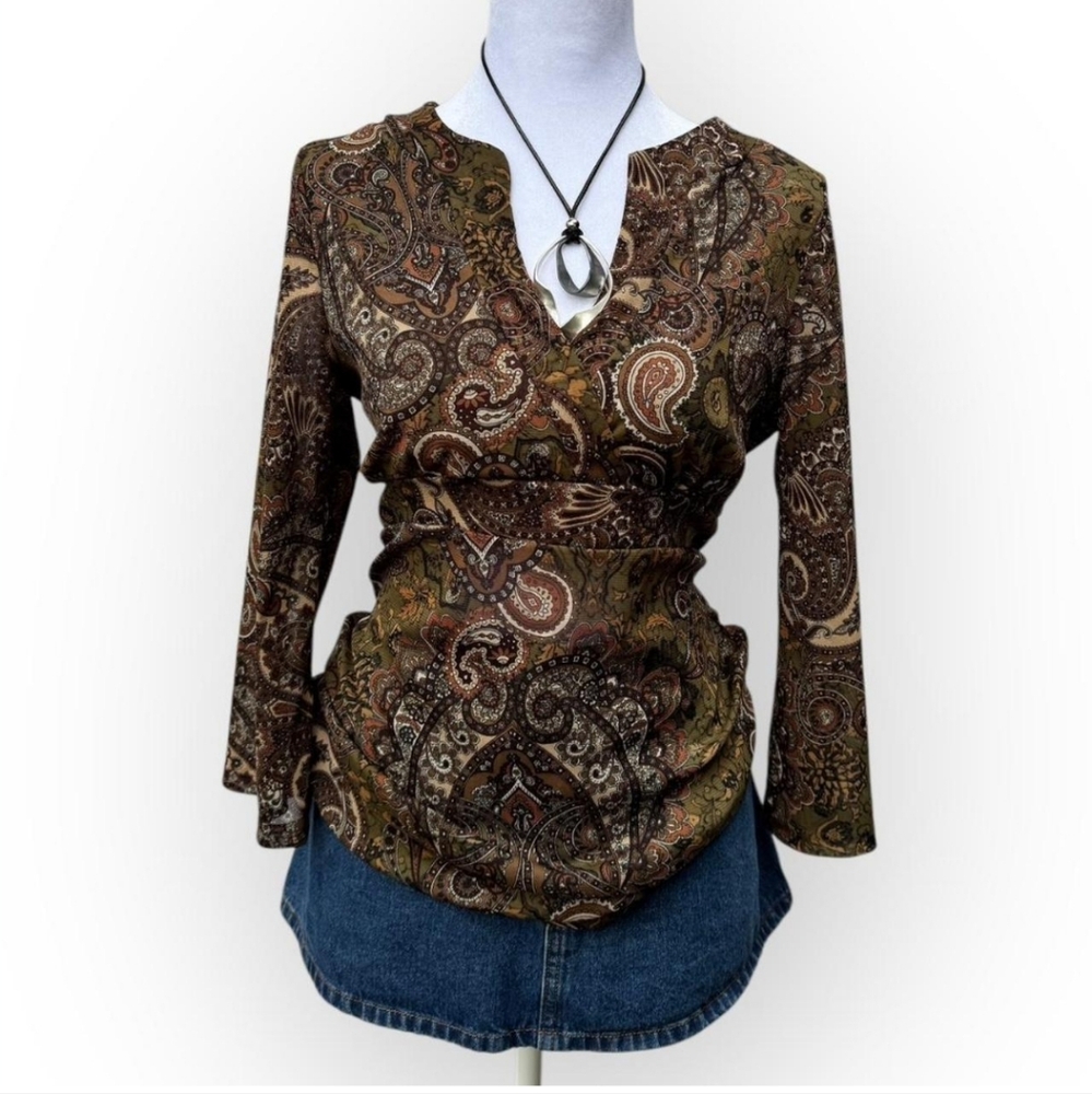 Ann Taylor Brown Fitted Ruched 3/4 Sleeve Blouse